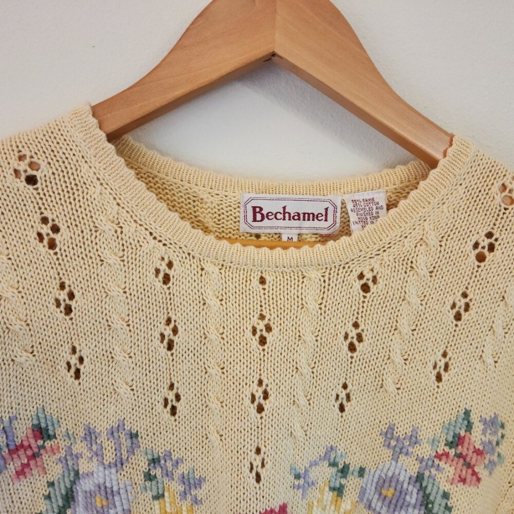 Vintage Bechamel Short Slv Sweater Knit Cross Stich Top USA Women M Retro 80's - Picture 4 of 12